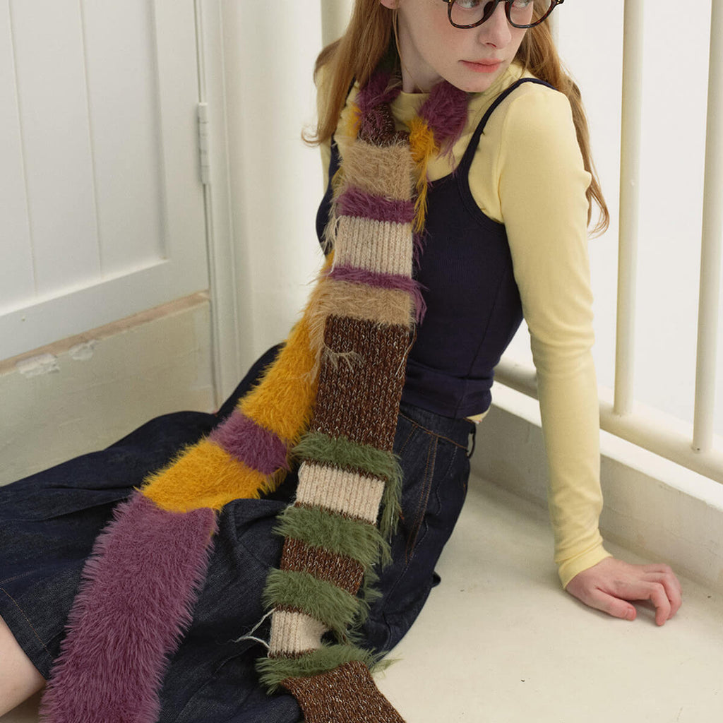 Colorful Striped Patchwork Faux Fur Boucle Ribbed Long Knit
