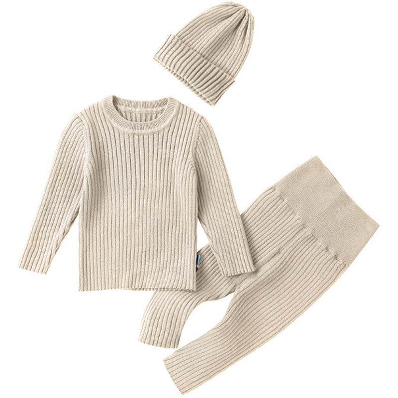 Comfy Crew Neck Ribbed Baby Sweater and Knit Pants and Beanie Hat Matching Set