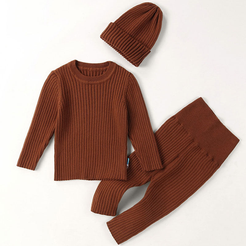 Comfy Crew Neck Ribbed Baby Sweater and Knit Pants and Beanie Hat Matching Set