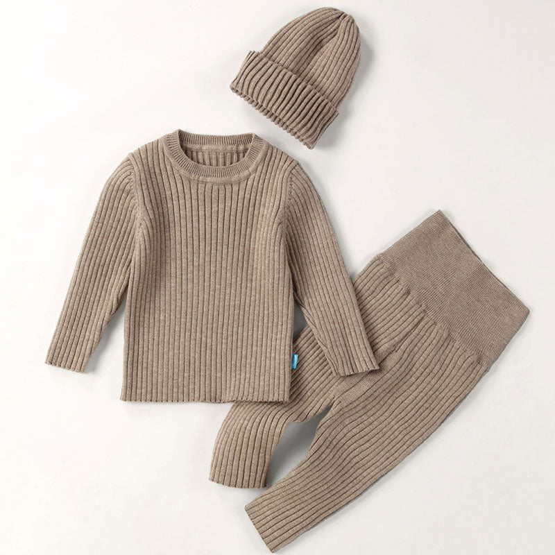Comfy Crew Neck Ribbed Baby Sweater and Knit Pants and Beanie Hat Matching Set