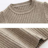 Comfy Crew Neck Ribbed Baby Sweater and Knit Pants and Beanie Hat Matching Set
