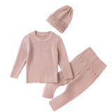 Comfy Crew Neck Ribbed Baby Sweater and Knit Pants and Beanie Hat Matching Set