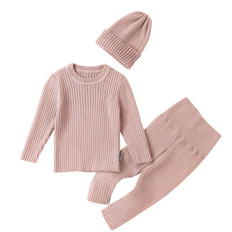 Comfy Crew Neck Ribbed Baby Sweater and Knit Pants and Beanie Hat Matching Set