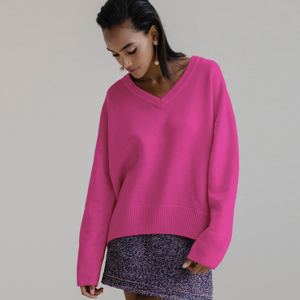 Comfy Oversized Monochrome V Neck Drop Shoulder Long Sleeve Pullover Knit Sweater