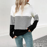 Comfy Round Neck Drop Shoulder Long Sleeve Black and White Striped Sweater