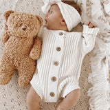 Comfy Solid Color Round Neck Long Sleeve Button Front Ribbed Knit Baby Romper