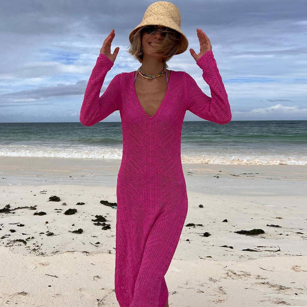Convertible Hot Pink Pointelle Knit V Neck Long Sleeve Midi Cover Up Dress