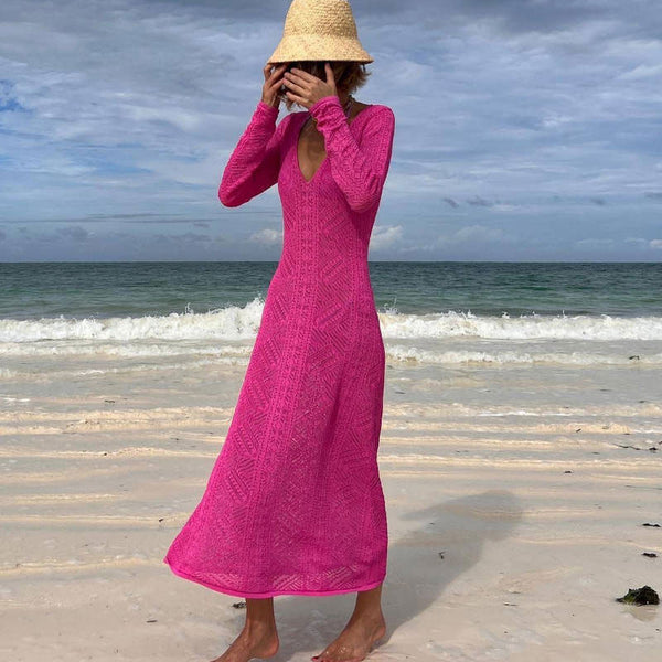 Convertible Hot Pink Pointelle Knit V Neck Long Sleeve Midi Cover Up Dress