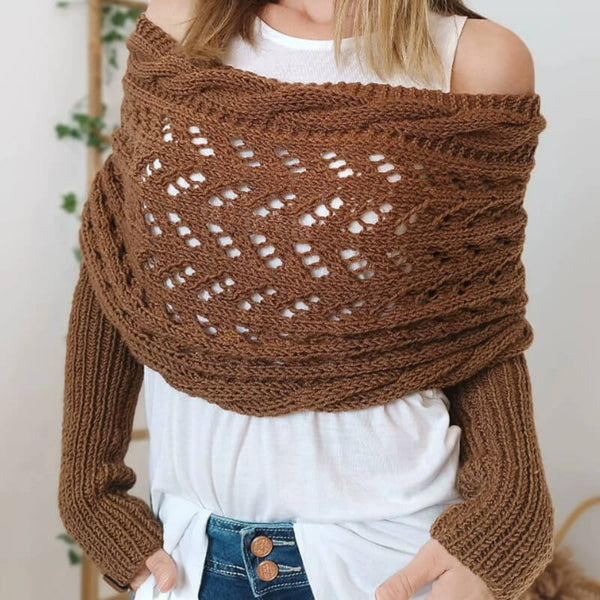 Convertible Off The Shoulder Long Sleeve Crochet Cable Knit Shrug Wrap
