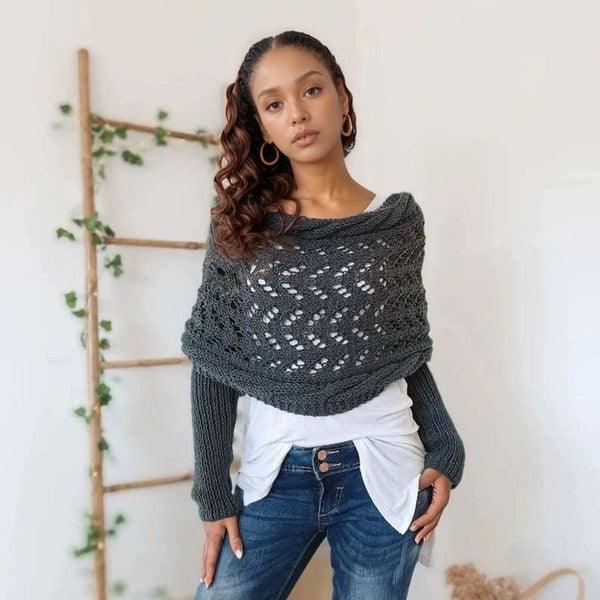 Convertible Off The Shoulder Long Sleeve Crochet Cable Knit Shrug Wrap