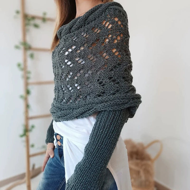 Convertible Off The Shoulder Long Sleeve Crochet Cable Knit Shrug Wrap