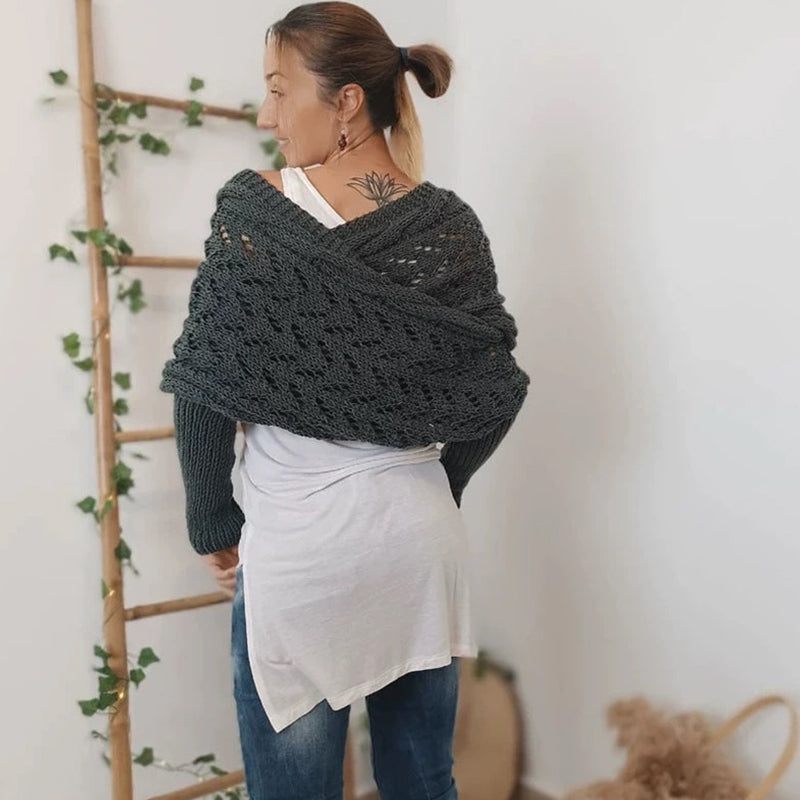 Convertible Off The Shoulder Long Sleeve Crochet Cable Knit Shrug Wrap