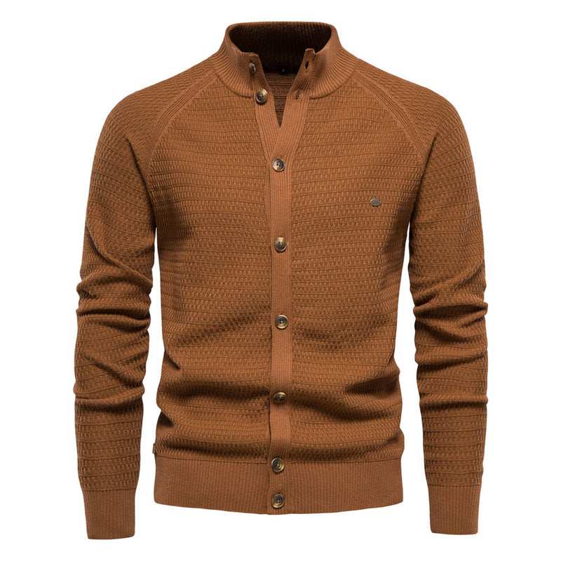Cool High Neck Long Sleeve Textured Knit Winter Men Button Up Cardigan