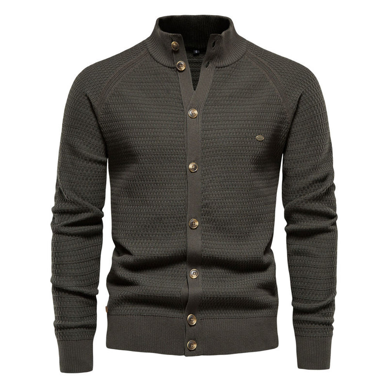 Cool High Neck Long Sleeve Textured Knit Winter Men Button Up Cardigan
