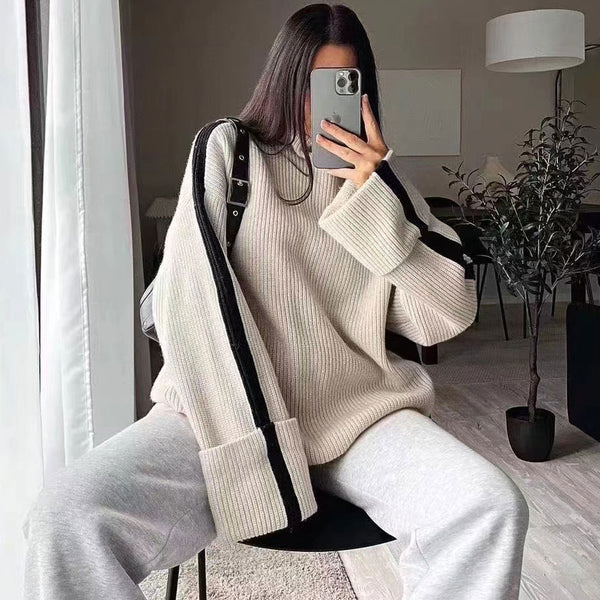 Cozy Contrast Stripe Brioche Rib Knit Long Sleeve Oversized Turtleneck Sweater