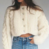 Cozy Crew Neck Button Front Chunky Cable Knit Crop Cardigan