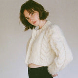 Cozy Crew Neck Button Front Chunky Cable Knit Crop Cardigan
