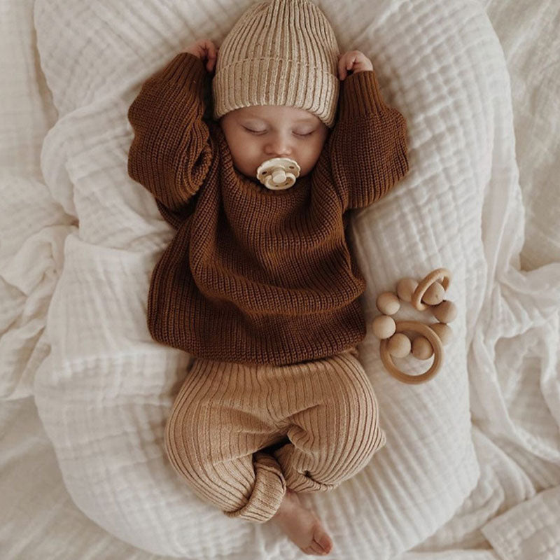 Cozy Crew Neck Long Sleeve Drop Shoulder Brioche Rib Knit Baby Sweater