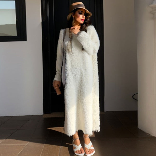 Cozy Fluffy Solid Round Neck Long Sleeve Mohair Sweater Dress