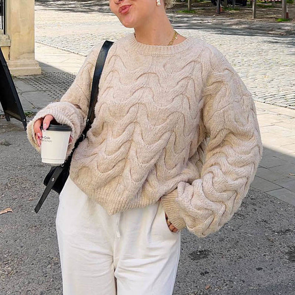 Cozy Ribbed Crew Neck Long Sleeve Oversized Pullover Cable Knit Sweater