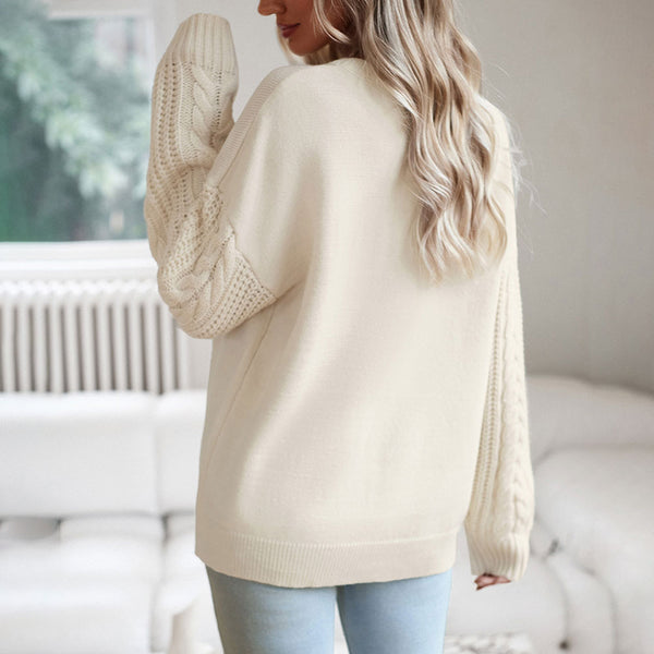 Cozy Round Neck Drop Shoulder Long Sleeve Fisherman Cable Knit Pullover Sweater
