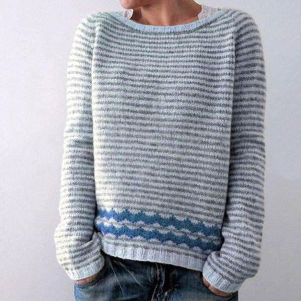 Casual Roll Trim Boat Neck Long Sleeve Colorblock Striped Pullover Sweater