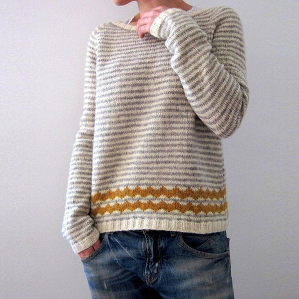 Casual Roll Trim Boat Neck Long Sleeve Colorblock Striped Pullover Sweater
