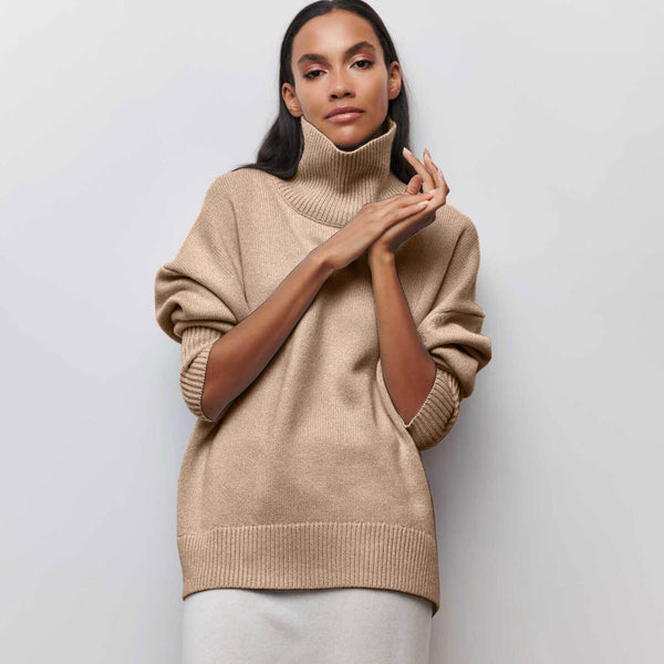 Cozy Solid High Neck Drop Shoulder Long Sleeve Oversized Pullover Knit Sweater