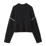 Cozy Stitch Embroidered High Neck Long Sleeve Ribbed Knit Black and White Sweater