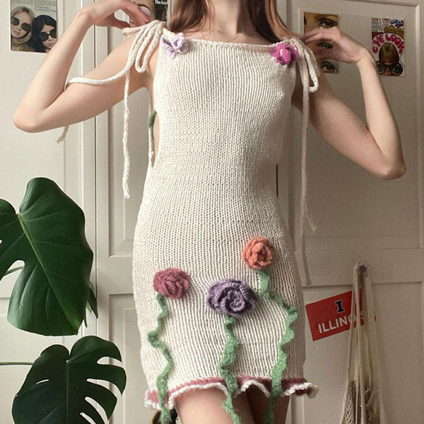 Cute 3D Rosette Ruffled Tie Strap Roll Hem Backless Mini Knit Dress