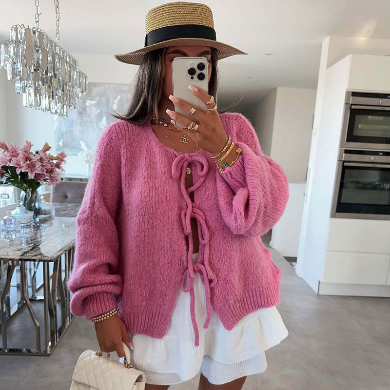Cute Crew Neck Drop Shoulder Blouson Sleeve Oversized Bow Tie Cardigan