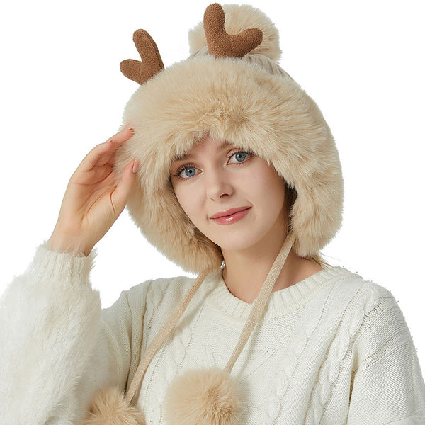 Cute Faux Fur Pom Pom Winter Chunky Rib Knit Elk Horn Christmas Beanie