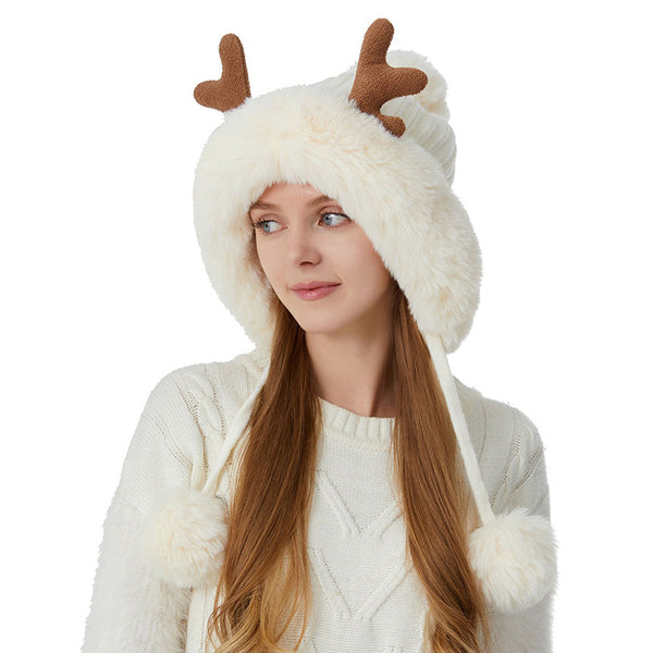 Cute Faux Fur Pom Pom Winter Chunky Rib Knit Elk Horn Christmas Beanie
