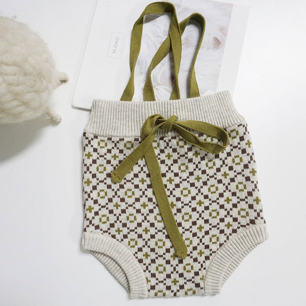 Cute Floral Jacquard Knit Tie Front Criss Cross High Waist Baby Bloomers