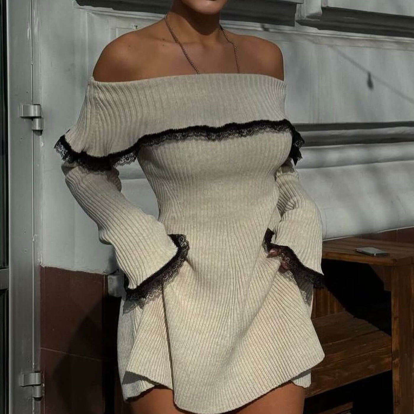 Sweater dress with lace trim shop