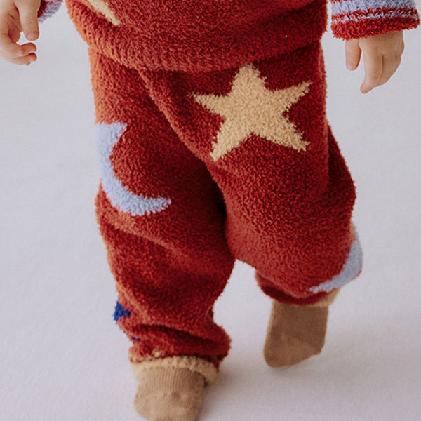 Cute Multicolored Star Jacquard Fuzzy Knit Elastic Waist Kids Pants