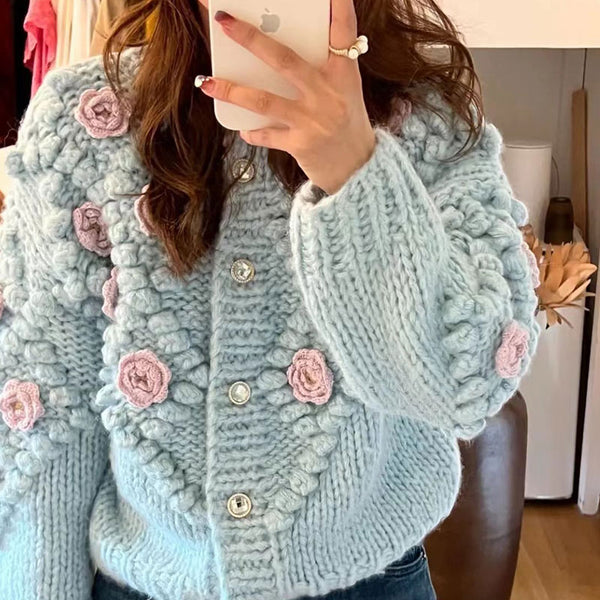 Cute Pom Pom Detail Rosette Applique Button Front Chunky Hand Knit Cardigan