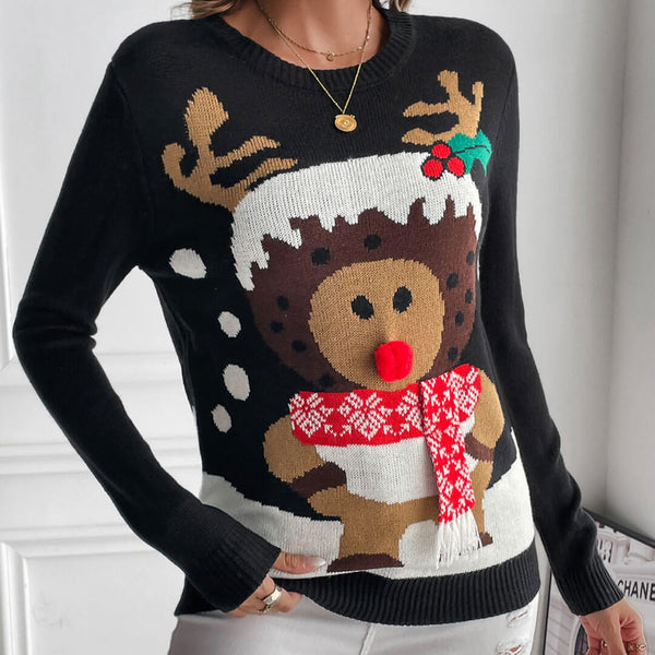 Cute Pom Pom Reindeer Crew Neck Long Sleeve Knit Pullover Christmas Sweater