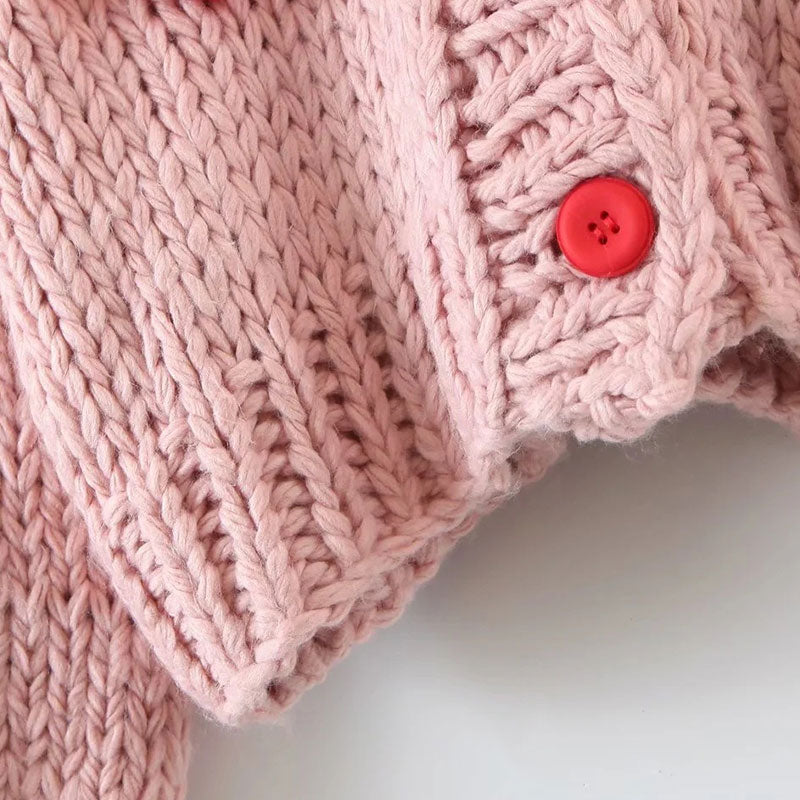 Cute Puff Sleeve Hand Knit Chunky Yarn Strawberry Oversized Cardigan
