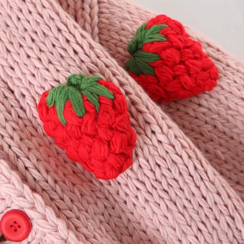 Cute Puff Sleeve Hand Knit Chunky Yarn Strawberry Oversized Cardigan