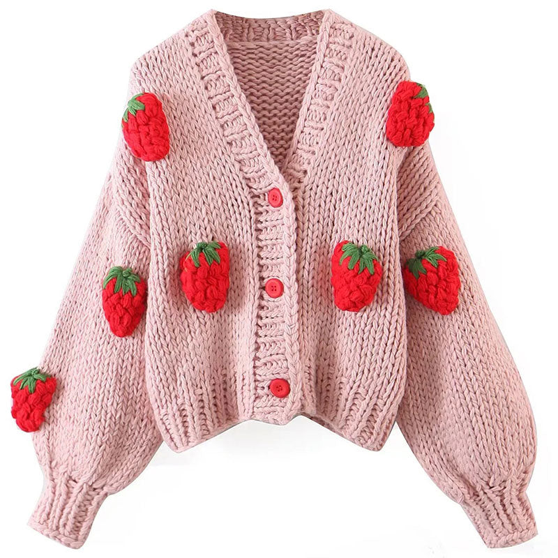 Cute Puff Sleeve Hand Knit Chunky Yarn Strawberry Oversized Cardigan