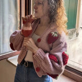 Cute Puff Sleeve Hand Knit Chunky Yarn Strawberry Oversized Cardigan