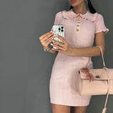 Cute Ruffled Collar Half Button Short Sleeve Bodycon Ribbed Knit Mini Dress