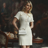 Cute Ruffled Collar Half Button Short Sleeve Bodycon Ribbed Knit Mini Dress