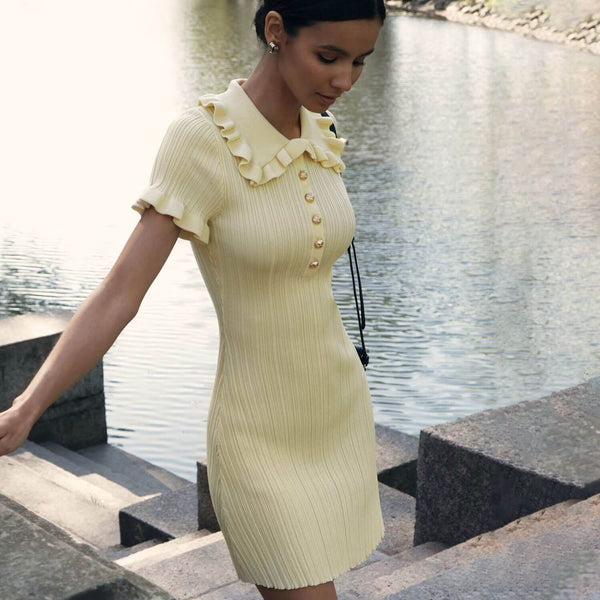 Cute Ruffled Collar Half Button Short Sleeve Bodycon Ribbed Knit Mini Dress