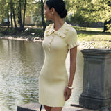 Cute Ruffled Collar Half Button Short Sleeve Bodycon Ribbed Knit Mini Dress