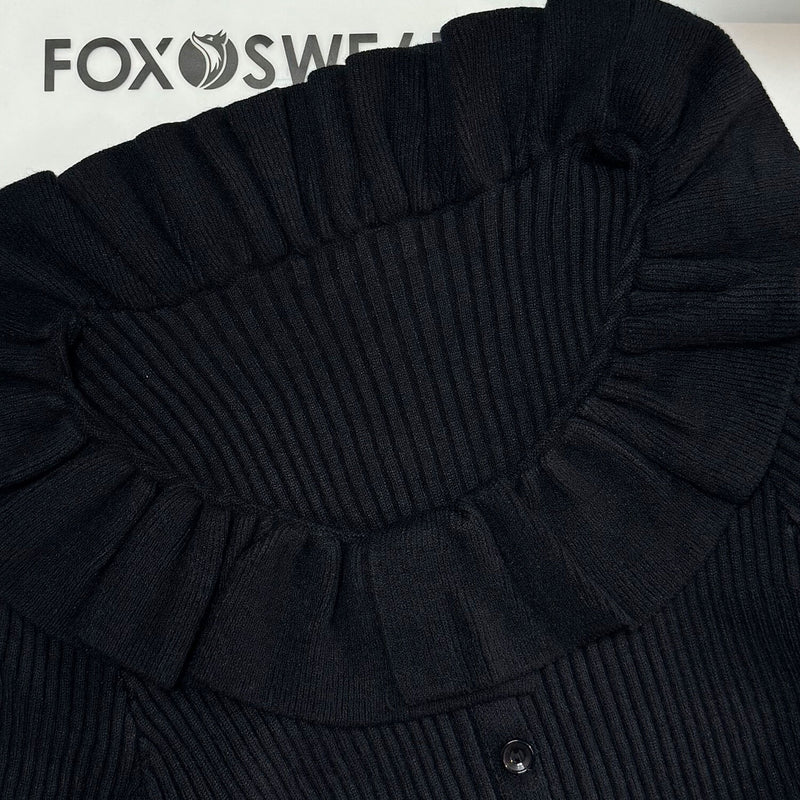 Cute Ruffled Neck Button Down Long Sleeve Rib Knit Crop Peplum Cardigan