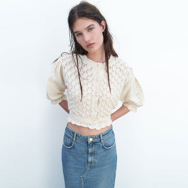 Cute Scalloped Crew Neck Short Sleeve Button Up Pointelle Crop Cardigan