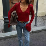 Cute V Neck Button Up Ruffle Cuff Long Sleeve Crochet Knit Crop Cardigan