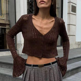 Cute V Neck Button Up Ruffle Cuff Long Sleeve Crochet Knit Crop Cardigan